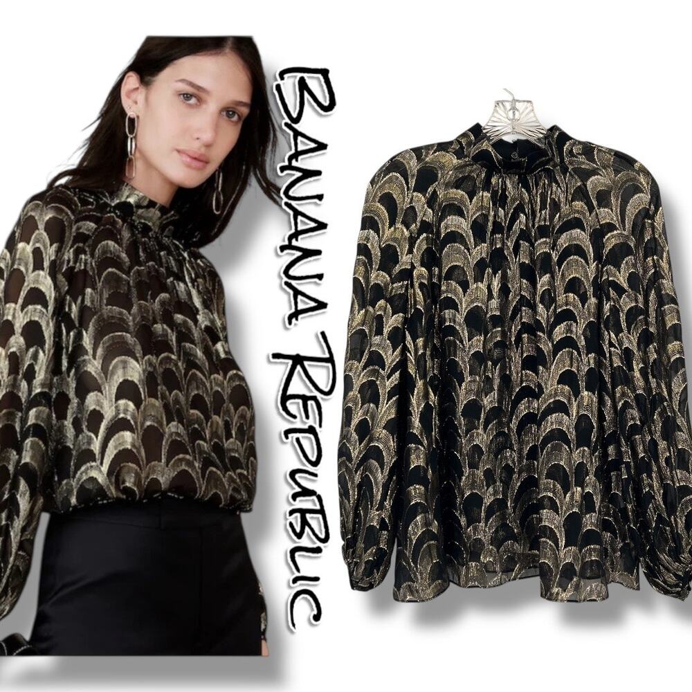 New Banana Republic Mali Silk Metallic Jacquard Sheer Blouse Women’s Size Small